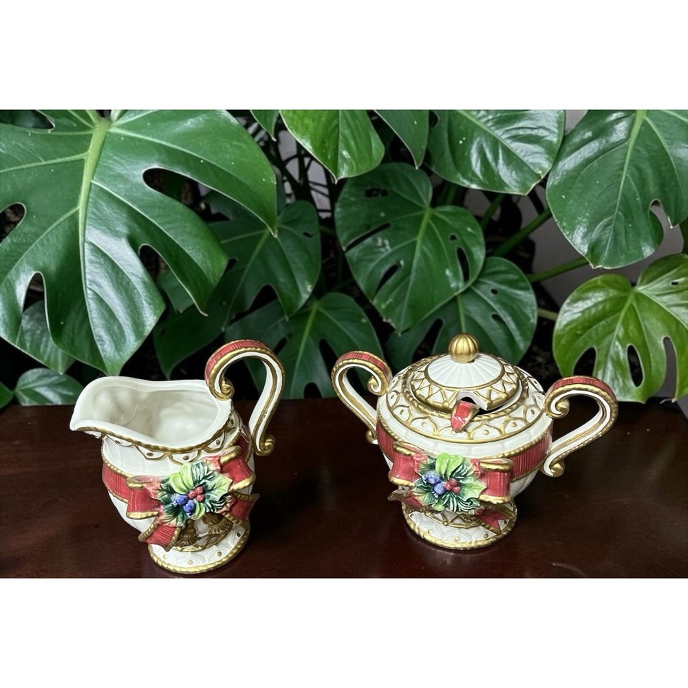 Fitz & Floyd Christmas Deer Creamer Sugar Bowl Spoon Red Bow Ribbon Tassel VTG